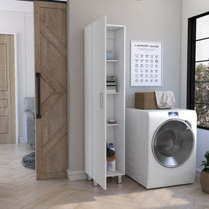 English Elm Vintro White Storage Cabinet with Broom Hangers, Metal Legs & 4 Shelves for Organized Living B20092126