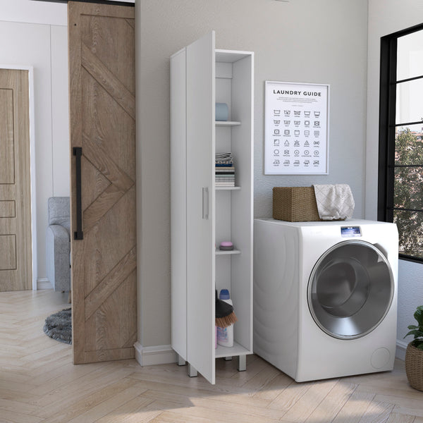 English Elm Vintro White Storage Cabinet with Broom Hangers, Metal Legs & 4 Shelves for Organized Living B20092126