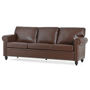 English Elm 3 Seater Roll Arm Pu Leather Sofa with Nail Trim Detail for Traditional Living Rooms Brown Pu W680P451462
