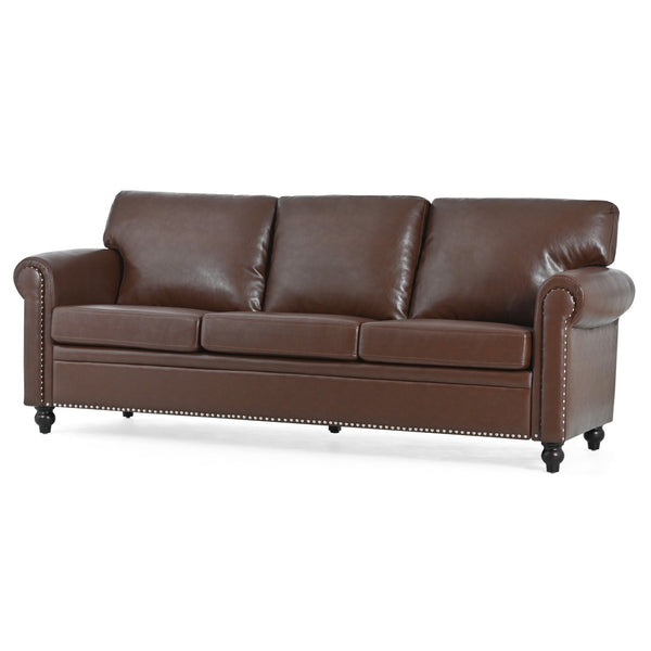 English Elm 3 Seater Roll Arm Pu Leather Sofa with Nail Trim Detail for Traditional Living Rooms Brown Pu W680P451462