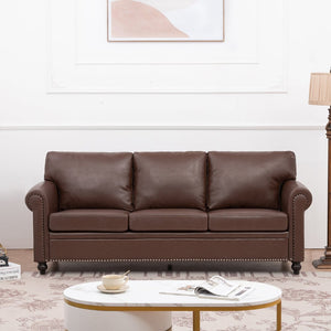 English Elm 3 Seater Roll Arm Pu Leather Sofa with Nail Trim Detail for Traditional Living Rooms Brown Pu W680P451462