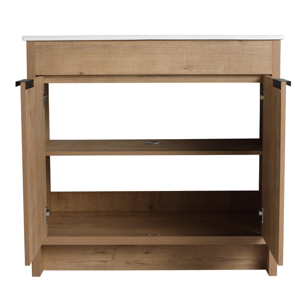 English Elm 36" Freestanding Bathroom Vanity Cabinet with Adjustable Shelf, Soft-Close Doors & Metal Handles, Water-Resistant Plywood Finish W999113510
