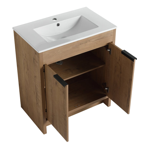 English Elm 30" Freestanding Bathroom Vanity With White Ceramic Sink, Soft-Close Doors & Adjustable Storage Shelf W999S00100