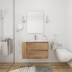 English Elm 30" Wall Mounting Bathroom Vanity Gel Sink with Soft-Close Drawers, Side Shelf, Scratch-Resist Finish Imitative Oak W999102534