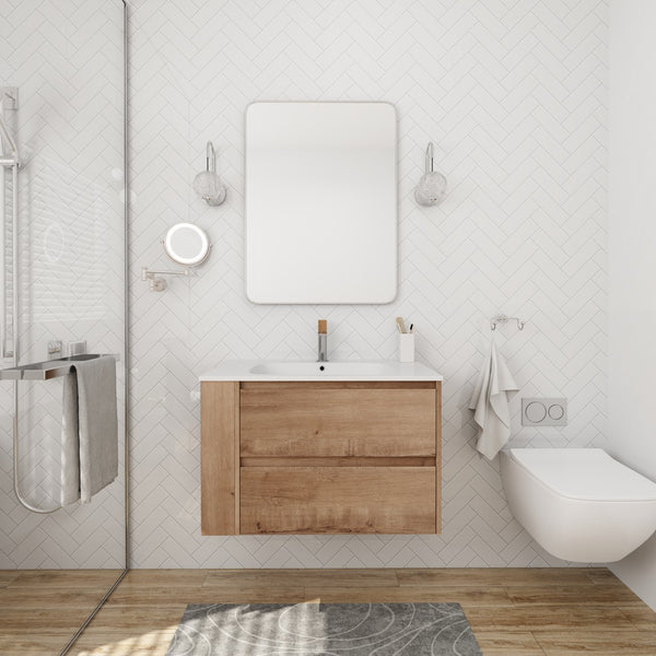 English Elm 30" Wall Mounting Bathroom Vanity Gel Sink with Soft-Close Drawers, Side Shelf, Scratch-Resist Finish Imitative Oak W999102534