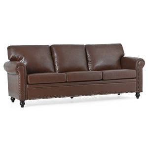 English Elm 3 Seater Roll Arm Pu Leather Sofa with Nail Trim Detail for Traditional Living Rooms Brown Pu W680P451462