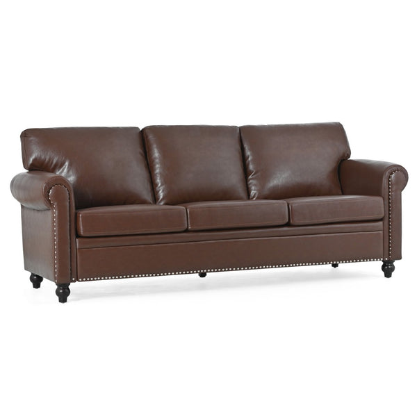 English Elm 3 Seater Roll Arm Pu Leather Sofa with Nail Trim Detail for Traditional Living Rooms Brown Pu W680P451462