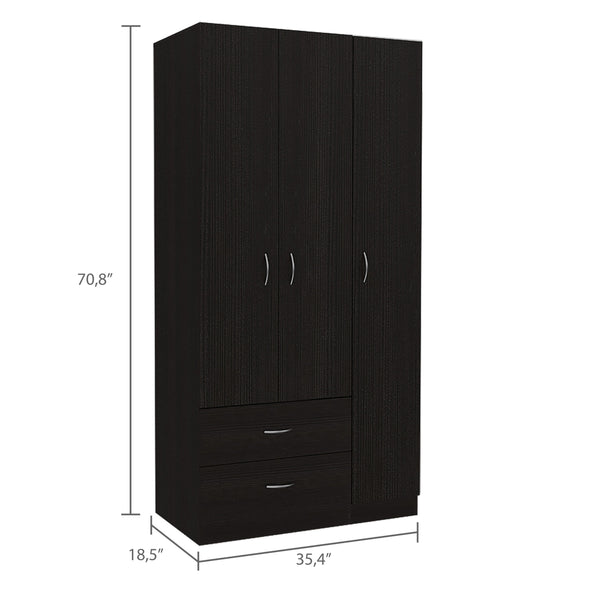 English Elm Austral Freestanding 3-Door Armoire with Drawers, Shelves & Hanging Rod for Efficient Storage Black 38 L x 22 W x 3 H B070S00191