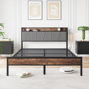 English Elm Queen Upholstered Platform Bed Frame with Storage Headboard, USB/Outlet Charging Station, 500lb Stability W840120029