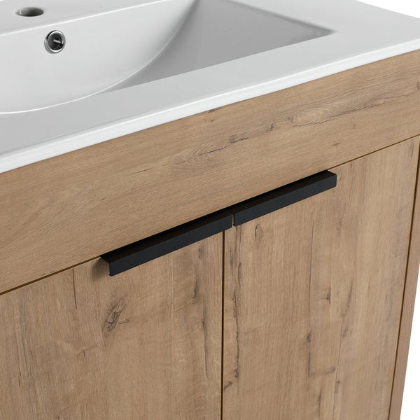 English Elm 30" Freestanding Bathroom Vanity With White Ceramic Sink, Soft-Close Doors & Adjustable Storage Shelf W999S00100