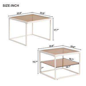 English Elm On-trend Nesting Coffee Table Set Brown Tempered Glass Tops White Metal Living Room WF307975AAK