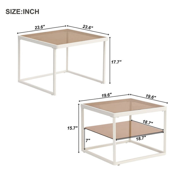 English Elm On-trend Nesting Coffee Table Set Brown Tempered Glass Tops White Metal Living Room WF307975AAK