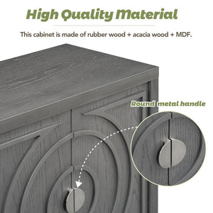 English Elm Trexm Vintage Four Door Sideboard Rubberwood Carved Panels Round Handles Dining Storage Gray WF307723AAE
