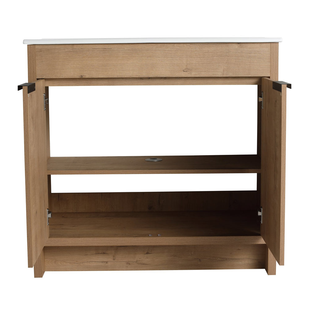 English Elm 36" Freestanding Bathroom Vanity Cabinet with Adjustable Shelf, Soft-Close Doors & Metal Handles, Water-Resistant Plywood Finish W999113510