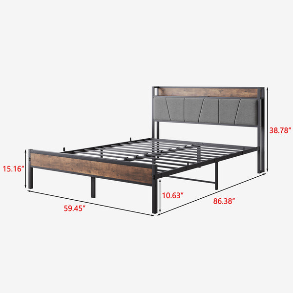 English Elm Queen Upholstered Platform Bed Frame with Storage Headboard, USB/Outlet Charging Station, 500lb Stability W840120029