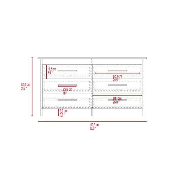 English Elm Hms 6 Drawer Double Dresser with Sturdy Four-Leg Base and Superior Top for Stylish Storage Solutions White 63.8 L x 24 W x 4.3 H B070S00013