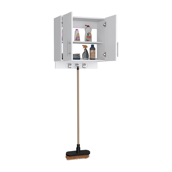 English Elm Kymo Wall Storage Cabinet with Broom Hangers, 2-Door White Organizer, Large Shelf, Ready-to-Assemble B20092125