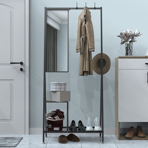 English Elm Coat Rack Hall Tree with Mirror and Shoe Storage, Aluminum Frame, Industrial Rustic Brown Black W708P379365