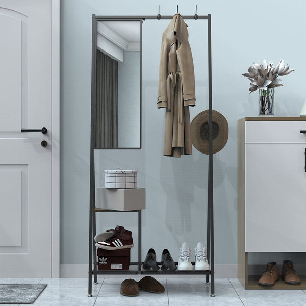 English Elm Coat Rack Hall Tree with Mirror and Shoe Storage, Aluminum Frame, Industrial Rustic Brown Black W708P379365