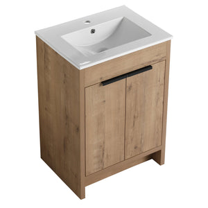 English Elm 24" Freestanding Bathroom Vanity with Ceramic Sink, Soft-Close Doors, Adjustable Shelf, Water-Resistant Finish W999S00099