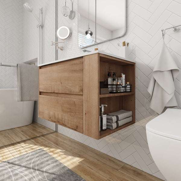 English Elm 30" Wall Mounting Bathroom Vanity Gel Sink with Soft-Close Drawers, Side Shelf, Scratch-Resist Finish Imitative Oak W999102534