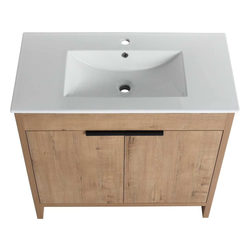 English Elm 36" Freestanding Bathroom Vanity with White Ceramic Sink, Soft-Close Doors, Adjustable Shelf, Scratch & Water-Resistant Finish W999S00101