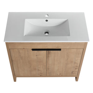 English Elm 36" Freestanding Bathroom Vanity with White Ceramic Sink, Soft-Close Doors, Adjustable Shelf, Scratch & Water-Resistant Finish W999S00101