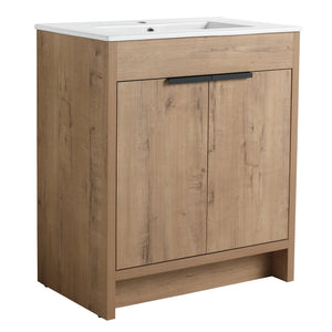 English Elm 30" Freestanding Bathroom Vanity With White Ceramic Sink, Soft-Close Doors & Adjustable Storage Shelf W999S00100