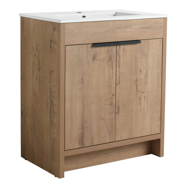 English Elm 30" Freestanding Bathroom Vanity With White Ceramic Sink, Soft-Close Doors & Adjustable Storage Shelf W999S00100