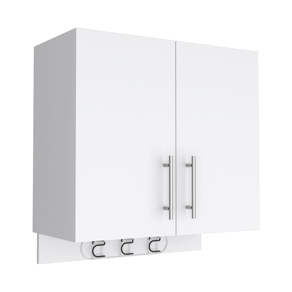 English Elm Kymo Wall Storage Cabinet with Broom Hangers, 2-Door White Organizer, Large Shelf, Ready-to-Assemble B20092125