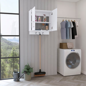 English Elm Kymo Wall Storage Cabinet with Broom Hangers, 2-Door White Organizer, Large Shelf, Ready-to-Assemble B20092125