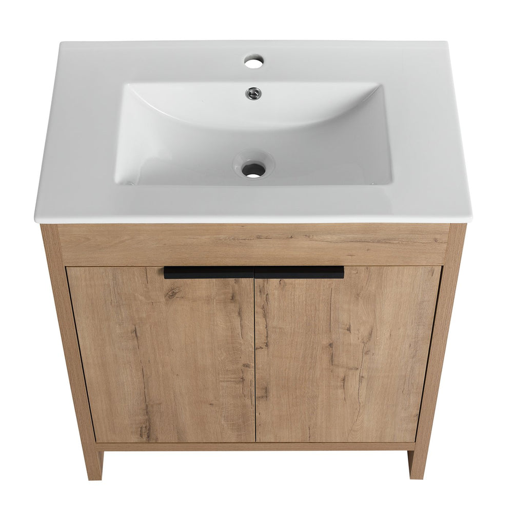 English Elm 30" Freestanding Bathroom Vanity With White Ceramic Sink, Soft-Close Doors & Adjustable Storage Shelf W999S00100