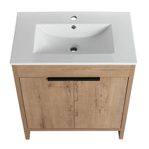 English Elm 30" Freestanding Bathroom Vanity With White Ceramic Sink, Soft-Close Doors & Adjustable Storage Shelf W999S00100