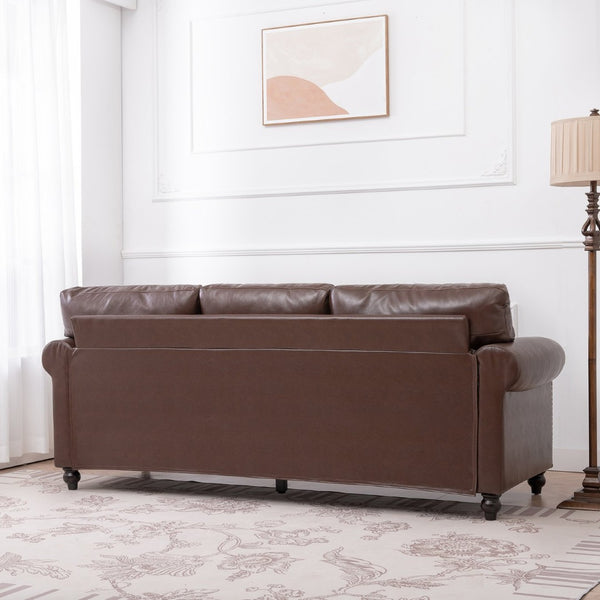 English Elm 3 Seater Roll Arm Pu Leather Sofa with Nail Trim Detail for Traditional Living Rooms Brown Pu W680P451462