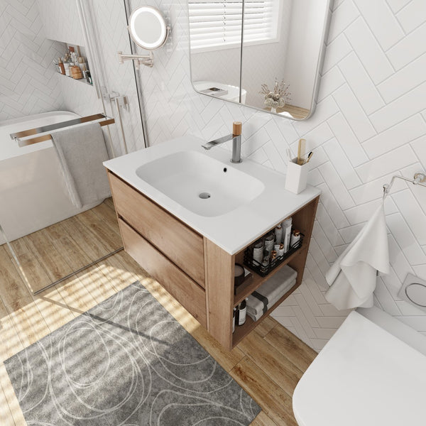 English Elm 30" Wall Mounting Bathroom Vanity Gel Sink with Soft-Close Drawers, Side Shelf, Scratch-Resist Finish Imitative Oak W999102534