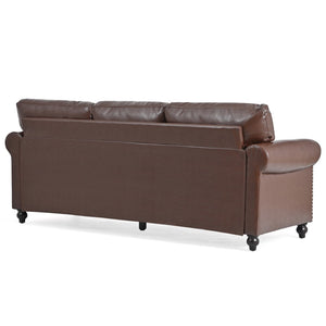 English Elm 3 Seater Roll Arm Pu Leather Sofa with Nail Trim Detail for Traditional Living Rooms Brown Pu W680P451462