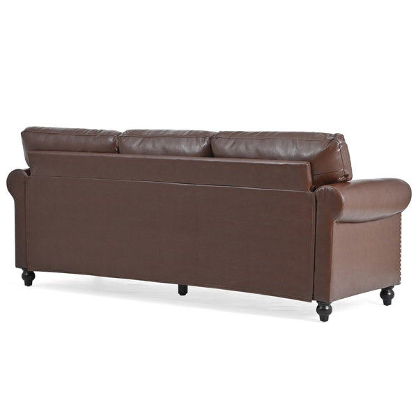 English Elm 3 Seater Roll Arm Pu Leather Sofa with Nail Trim Detail for Traditional Living Rooms Brown Pu W680P451462