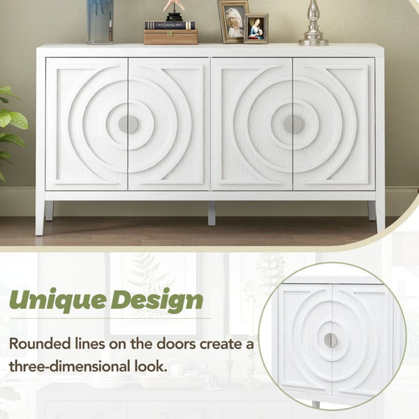 English Elm Trexm Vintage Four Door Sideboard Rubberwood Carved Panels Round Handles Dining Storage White WF307723AAK