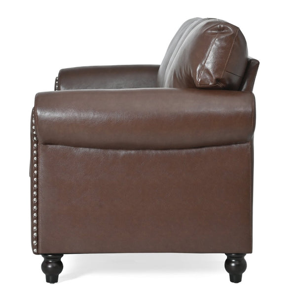 English Elm 3 Seater Roll Arm Pu Leather Sofa with Nail Trim Detail for Traditional Living Rooms Brown Pu W680P451462