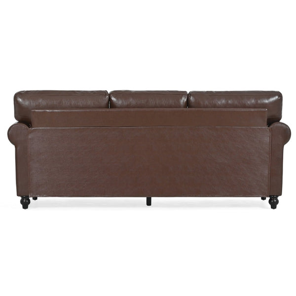 English Elm 3 Seater Roll Arm Pu Leather Sofa with Nail Trim Detail for Traditional Living Rooms Brown Pu W680P451462