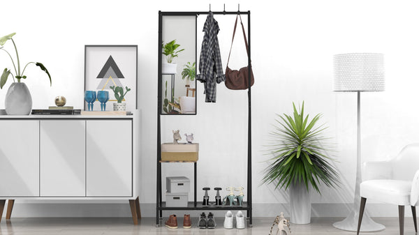 English Elm Coat Rack Hall Tree with Mirror and Shoe Storage, Aluminum Frame, Industrial Rustic Brown Black W708P379365