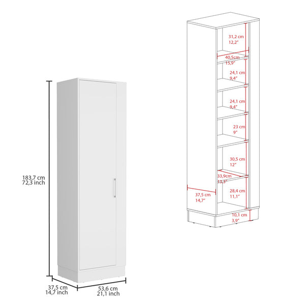 English Elm Lilo 72.3" White Storage Cabinet with Broom Hangers, Internal Shelves & Open Side Organizer B20092127