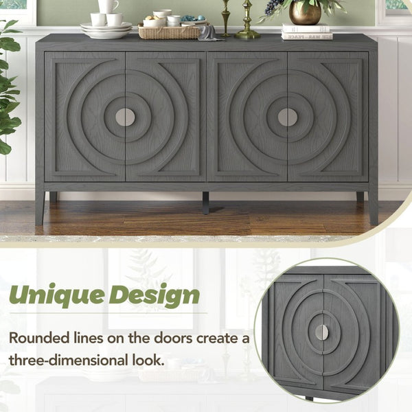English Elm Trexm Vintage Four Door Sideboard Rubberwood Carved Panels Round Handles Dining Storage Gray WF307723AAE