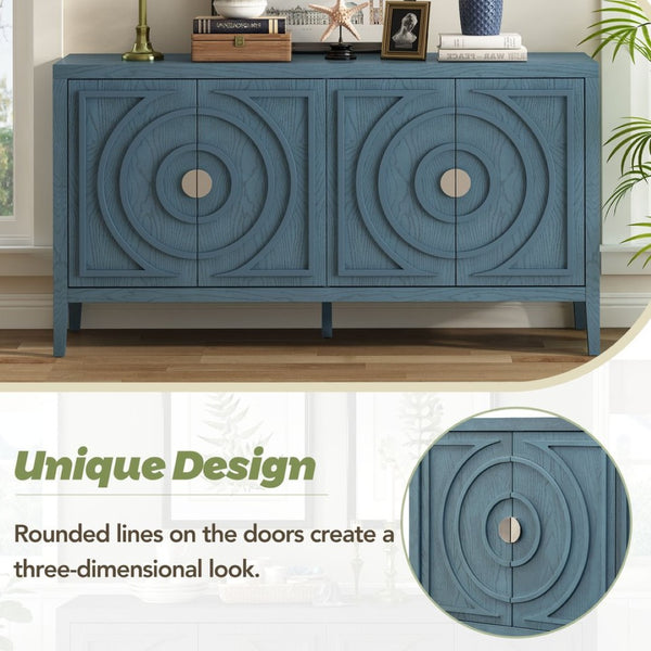 English Elm Trexm Vintage Four Door Sideboard Rubberwood Carved Panels Round Handles Dining Storage Antique Blue WF307723AAM