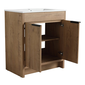 English Elm 30" Freestanding Bathroom Vanity With White Ceramic Sink, Soft-Close Doors & Adjustable Storage Shelf W999S00100
