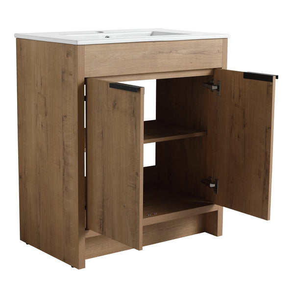 English Elm 30" Freestanding Bathroom Vanity With White Ceramic Sink, Soft-Close Doors & Adjustable Storage Shelf W999S00100