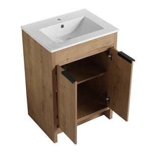 English Elm 24" Freestanding Bathroom Vanity with Ceramic Sink, Soft-Close Doors, Adjustable Shelf, Water-Resistant Finish W999S00099