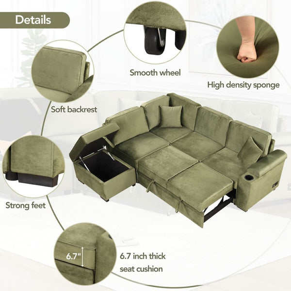 English Elm 84.75" Linen Sectional Sleeper Sofa with Storage Ottoman for Apartment Living SG000550AAF