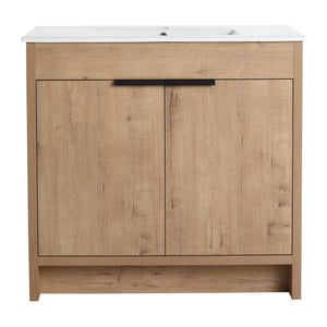 English Elm 36" Freestanding Bathroom Vanity Cabinet with Adjustable Shelf, Soft-Close Doors & Metal Handles, Water-Resistant Plywood Finish W999113510