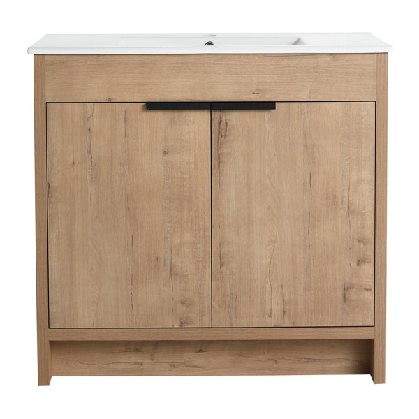 English Elm 36" Freestanding Bathroom Vanity Cabinet with Adjustable Shelf, Soft-Close Doors & Metal Handles, Water-Resistant Plywood Finish W999113510